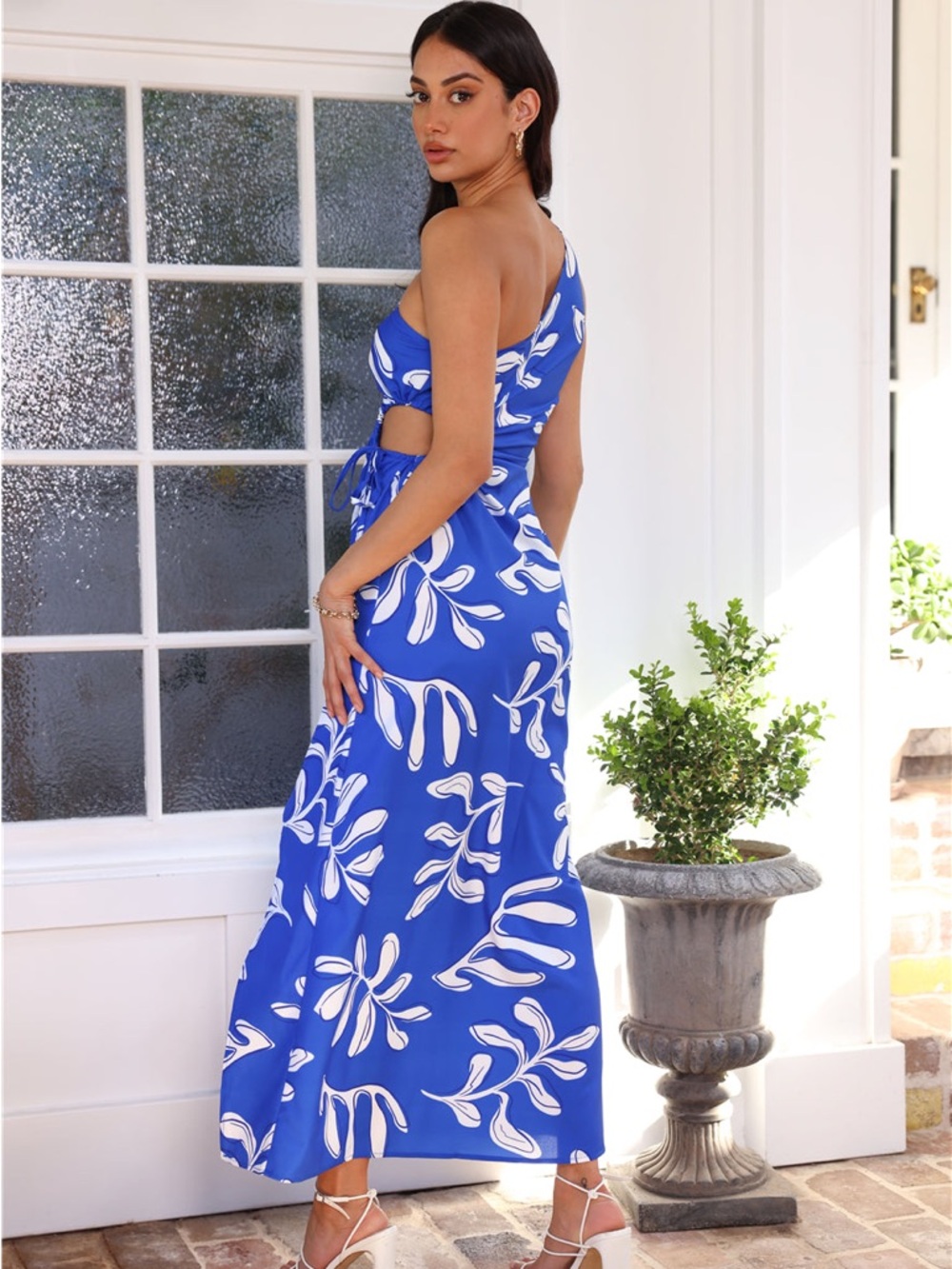 Hello Molly One-Shoulder Royal Blue and White Cutout Maxi Dress - Picture 3 of 10